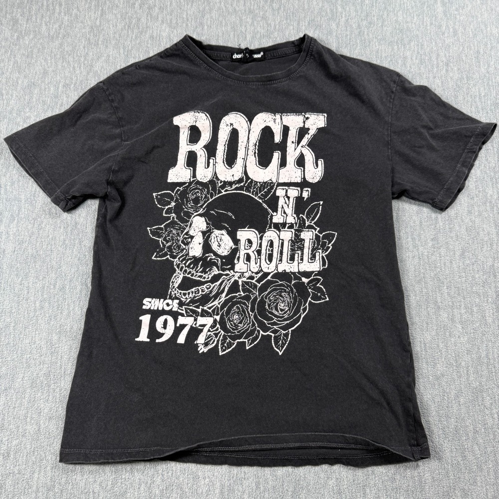 Charlotte Russe Shirt Womens XS Washed Black Rock N Roll Skull Graphic Top Tee